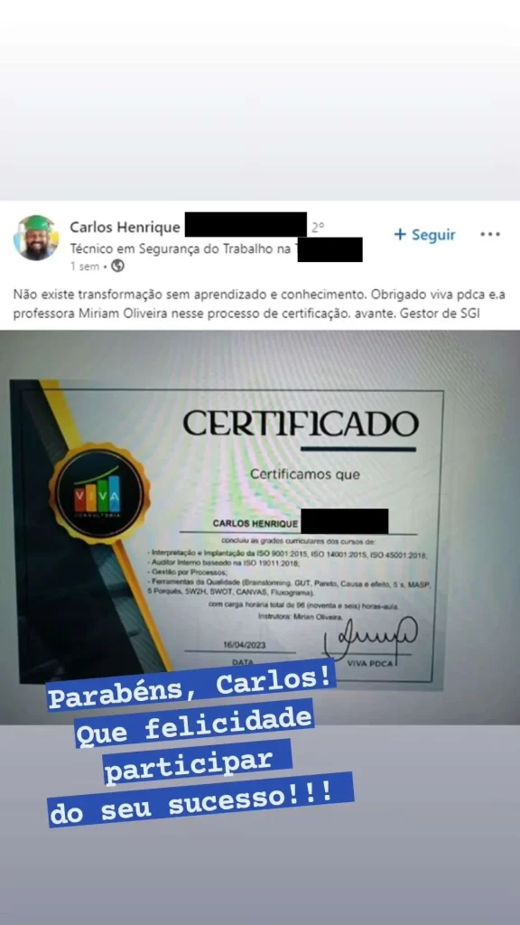 Depoimento de aluno da VIVA PDCA Consultoria 01