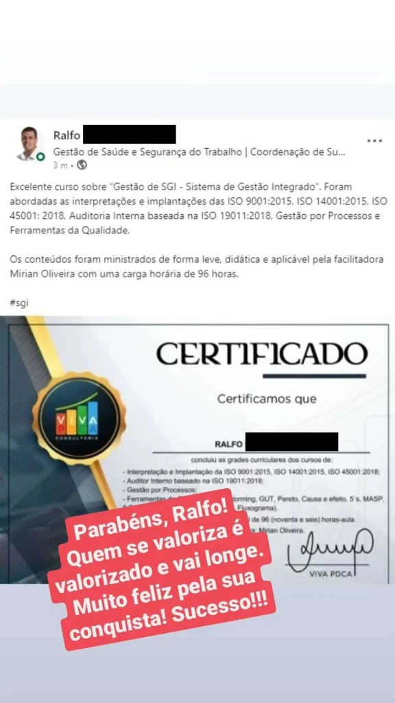 Depoimento de aluno da VIVA PDCA Consultoria 02